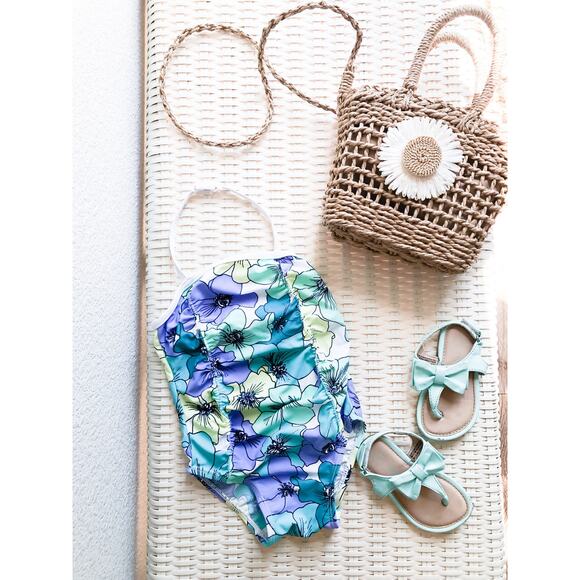 New Old Navy Floral Print Swimsuit & Matching Bow Sandals 12-18mths - Picture 1 of 4